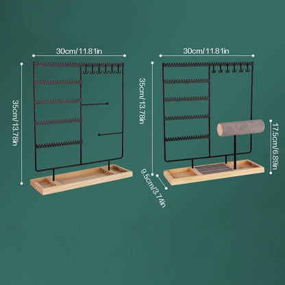 Metal Jewelry Organizer Stand with Wooden Tray - Multi-Functional