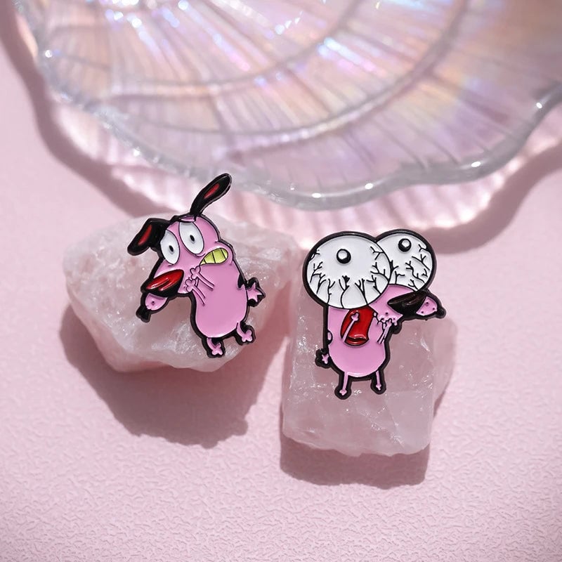 Courage Cowardly Dog Pink Enamel Brooch Pin - Kids Lapel Badge
