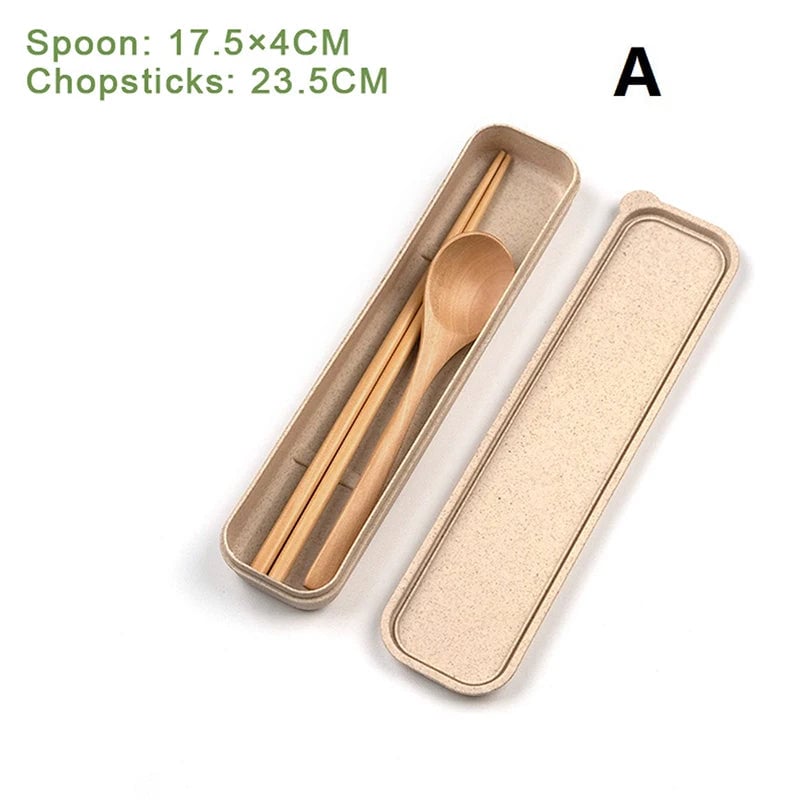 3-Piece Natural Wooden Cutlery Set - Spoon Fork Chopsticks With Box