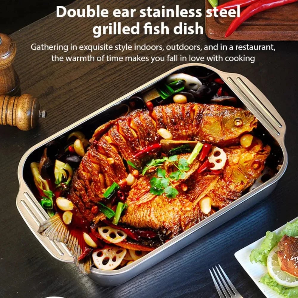 Stainless Steel Nonstick BBQ Fish Tray with Lid - Deep Baking Pan
