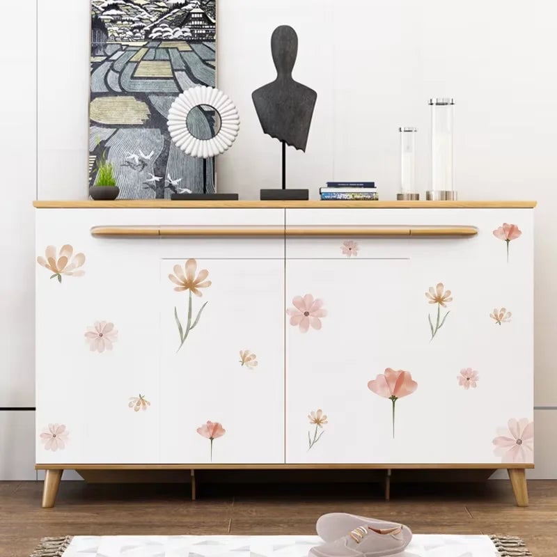 Watercolor Boho Pink Flowers Leaves Wall Decal Nursery Kids Room