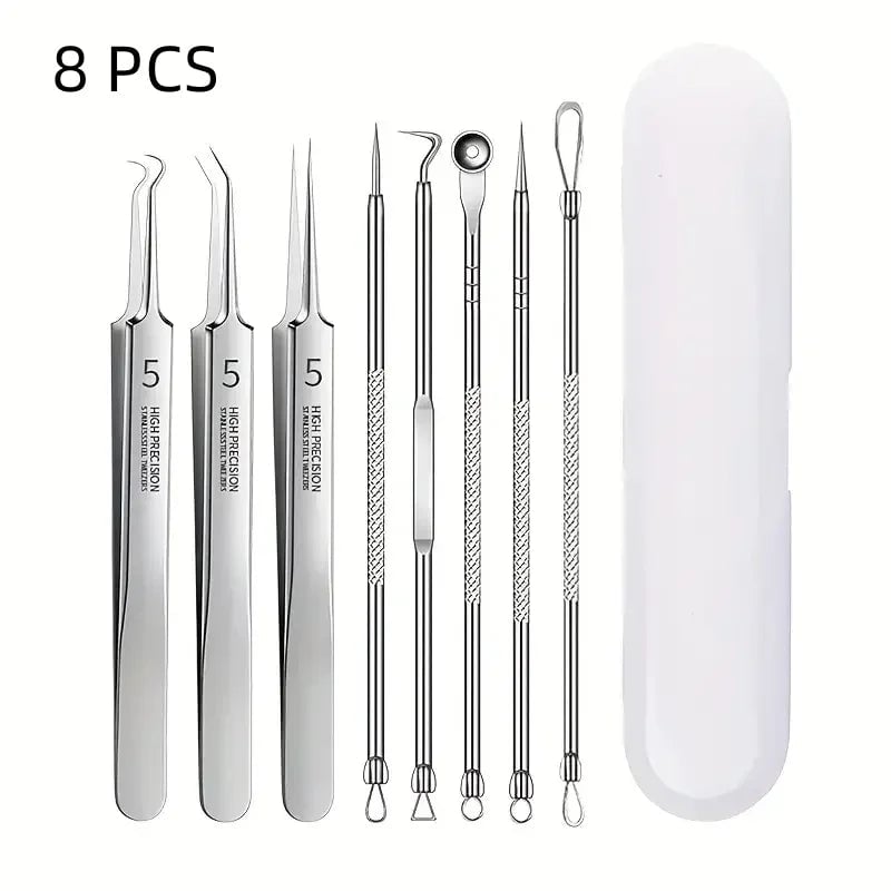 8-Piece Stainless Steel Acne Extraction Tool Kit - Professional