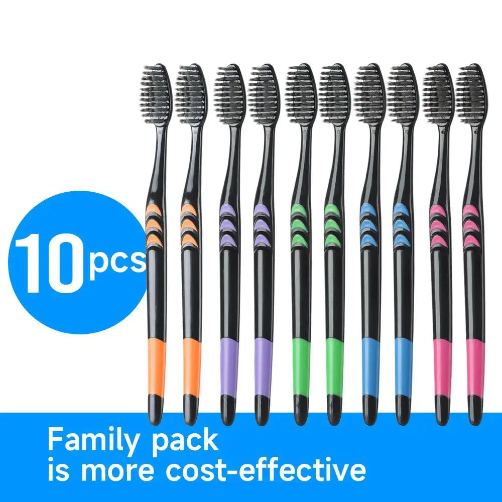 10 Pack Bamboo Charcoal Soft Bristle Toothbrushes for Family Travel