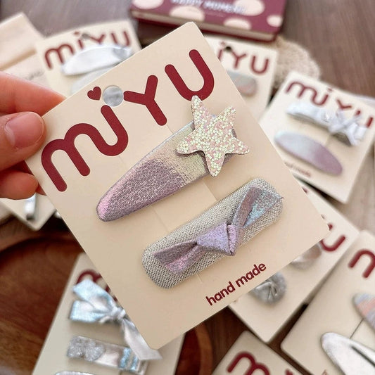 Silver PU Leather Hair Clips - Korean Style Snap Clips for Girls