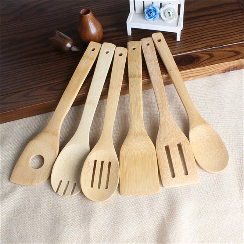 6-Piece Bamboo Spoon Spatula Set - Wooden Kitchen Utensils Mixing