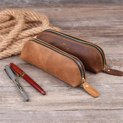 Leather Zipper Pencil Case & Makeup Pouch - Small Travel Organizer