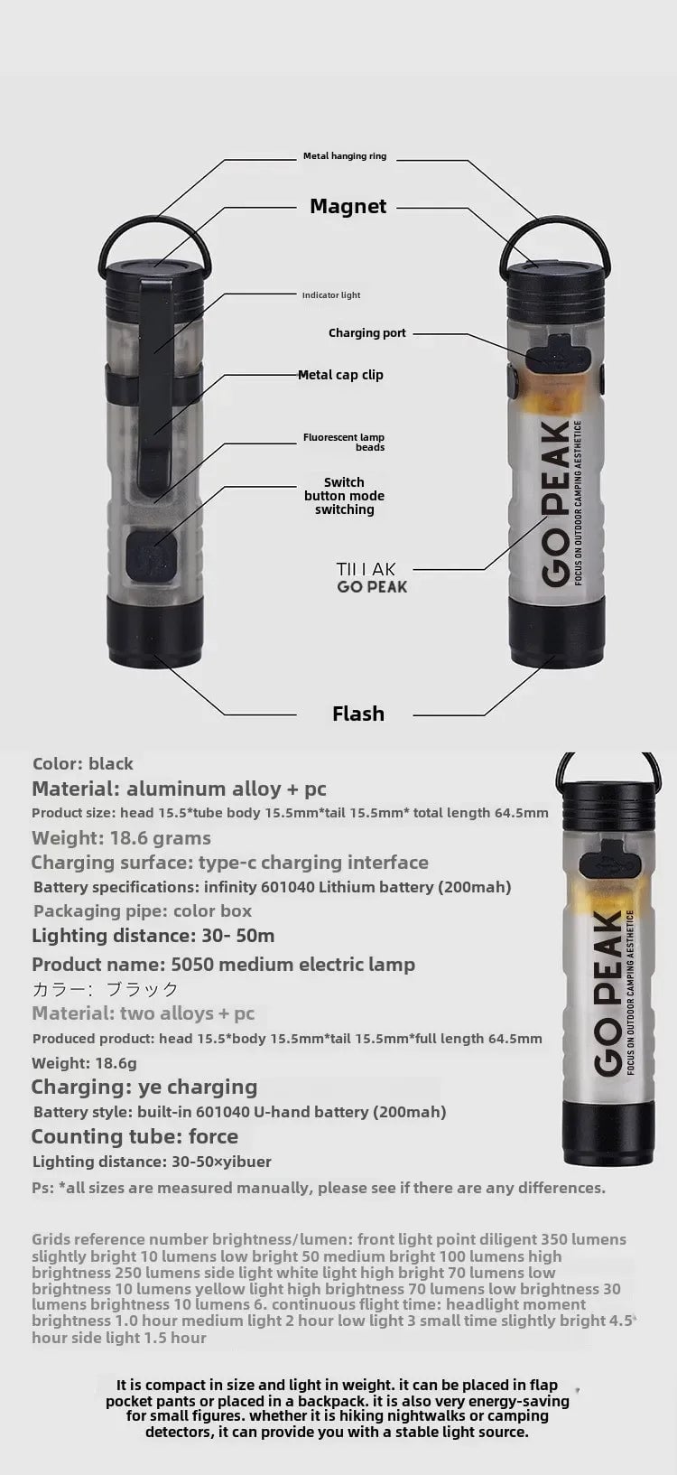 GOPEAK Mini LED Flashlight 5050 Pocket Keychain Clip Emergency Light