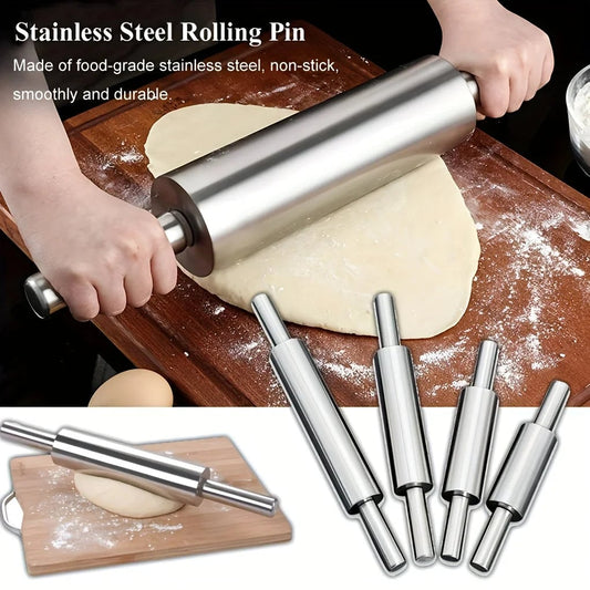 Heavy-Duty Stainless Steel Rolling Pin Anti-Slip Handle Baking