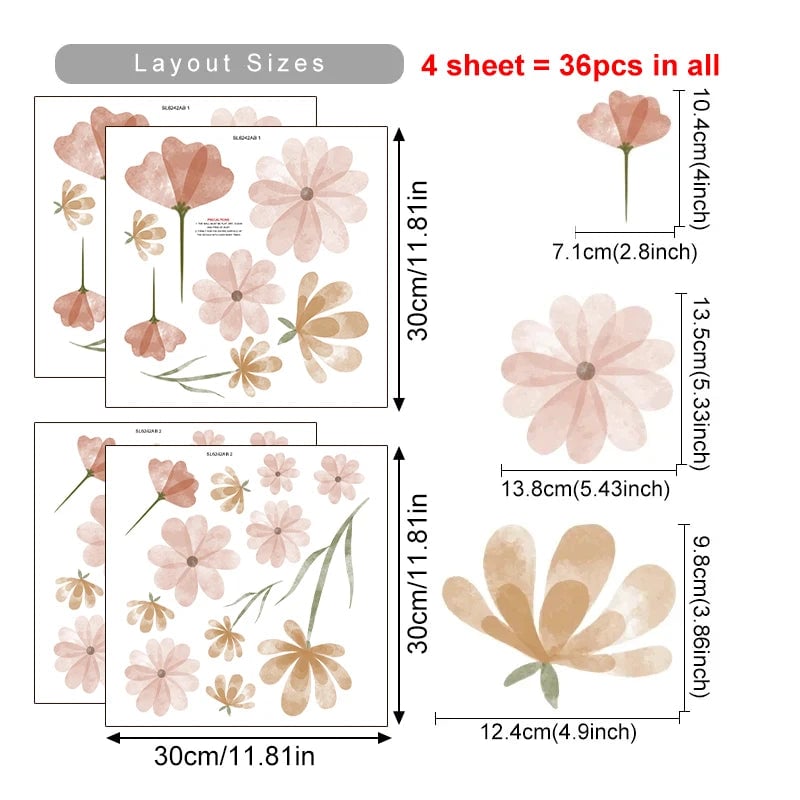 Watercolor Boho Pink Flowers Leaves Wall Decal Nursery Kids Room