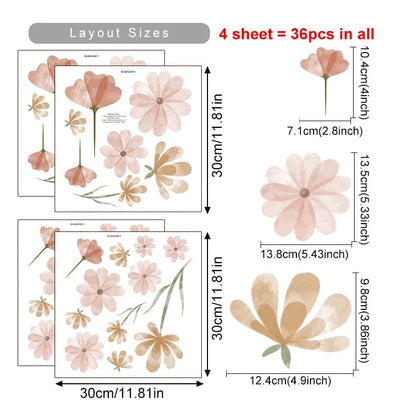 Watercolor Boho Pink Flowers Leaves Wall Decal Nursery Kids Room