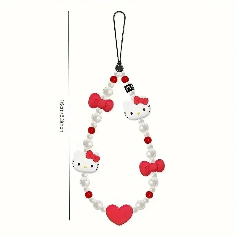 Hello Kitty Love Bow Mobile Phone Chain Beaded Lanyard Kawaii Charm