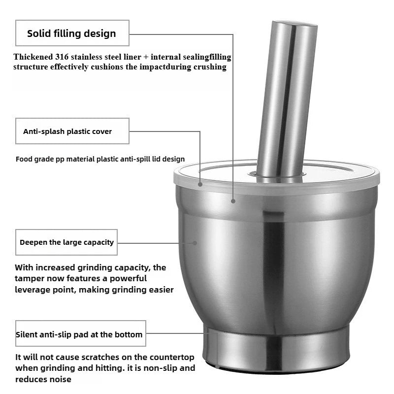 316 Stainless Steel Handmade Kitchen Garlic Grinder, A Mortar for Making Garlic Sauce, Very Suitable for Household Use