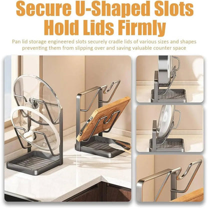 Kitchen Lid Storage Rack with Tray - Pot Lid Holder & Spoon Rest