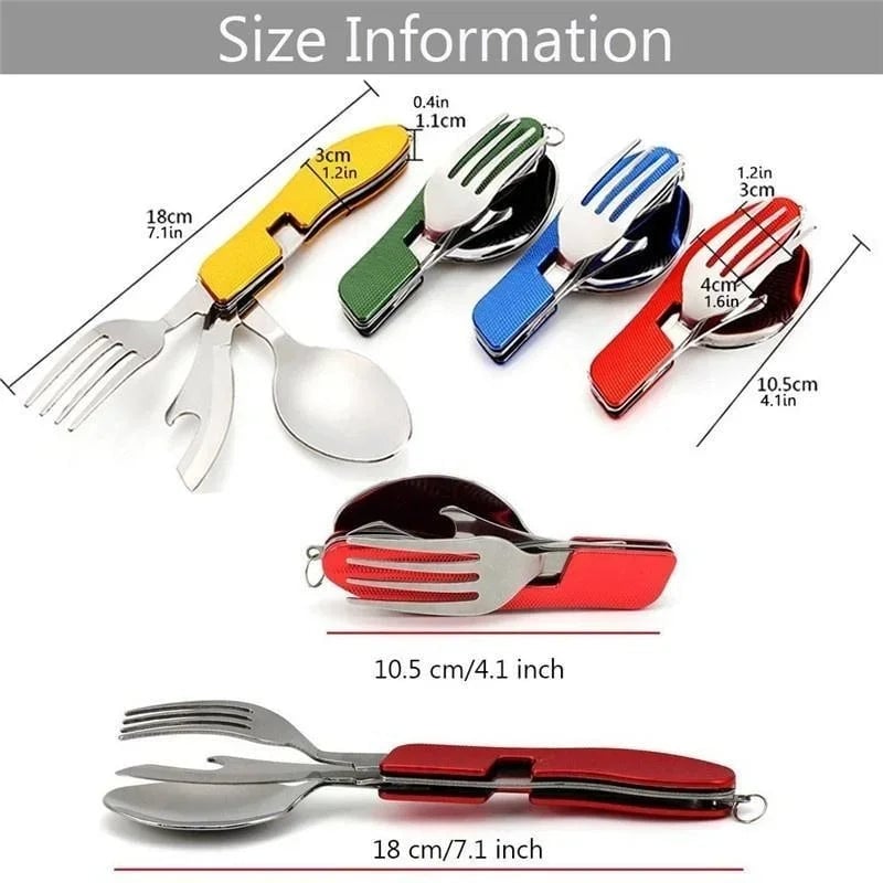 4-in-1 Stainless Steel Folding Camping Cutlery Set - Portable Kit
