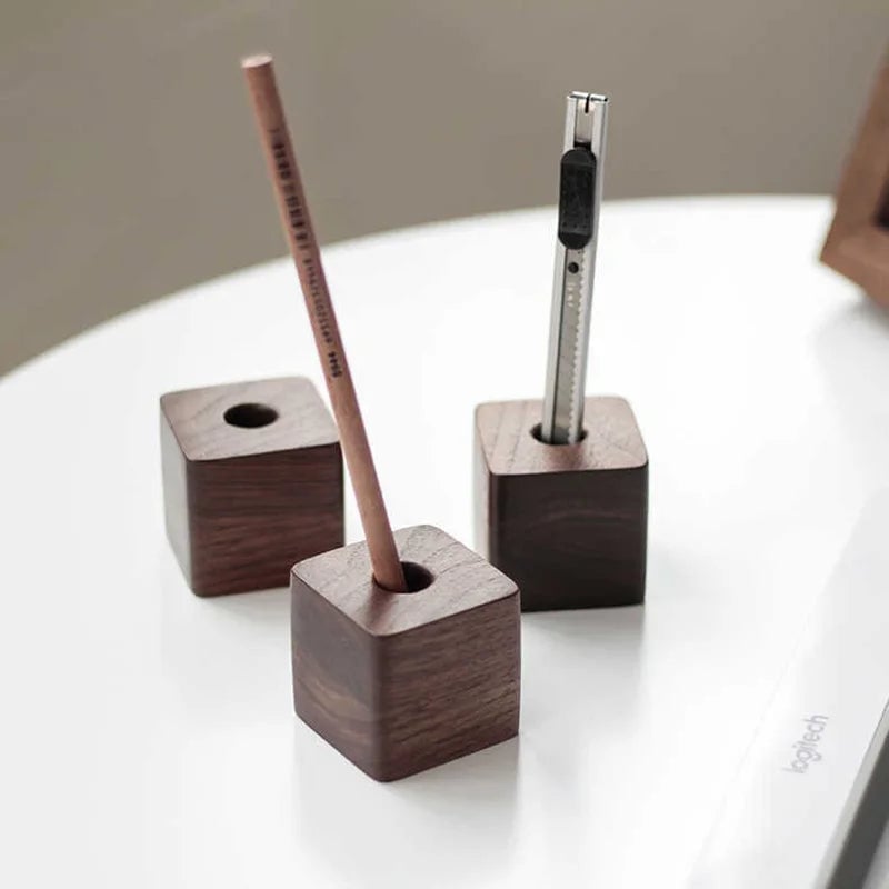 Walnut Wood Square Pen Holder Desk Organizer Pencil Stand Container