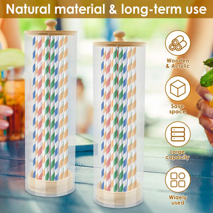 Clear Acrylic Straw Organizer with Wood Lid - Dustproof Storage Box
