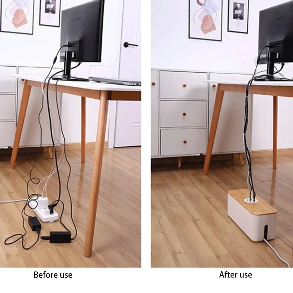 Wooden Cable Storage Box Power Strip Organizer Wire Management Case