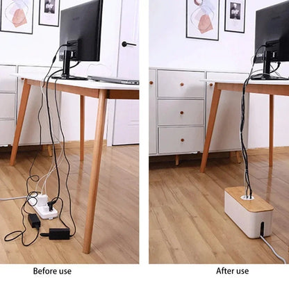 Wooden Cable Storage Box Power Strip Organizer Wire Management Case