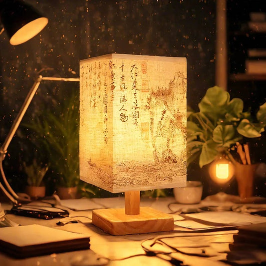 LED Dimmable Table Lamp Chinese Style Fabric Lampshade Bedroom Light