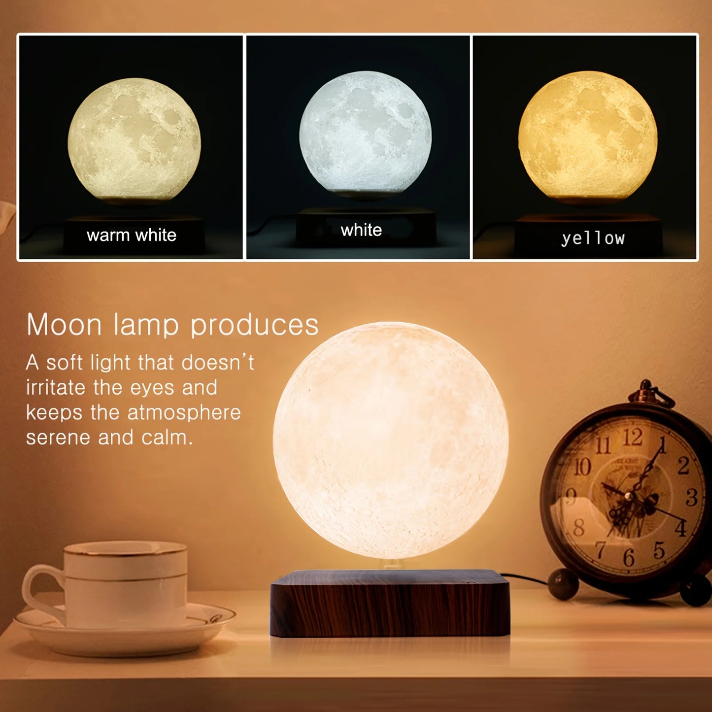 Magnetic Levitating Moon Night Light 3D LED Lamp Wooden Base 3 Colors