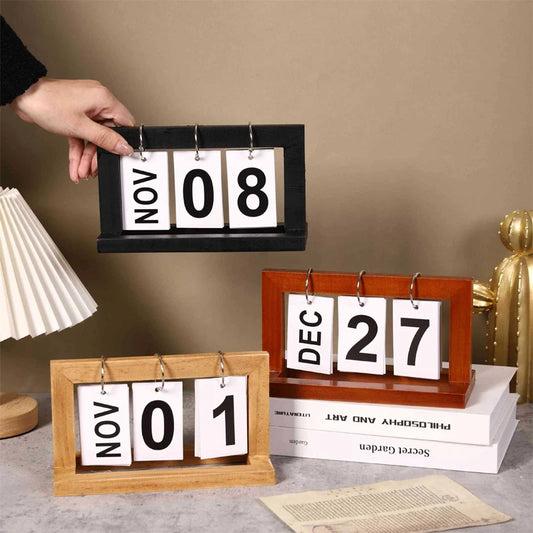 Wooden Flip Calendar Perpetual Desktop Photo Frame Home Decor