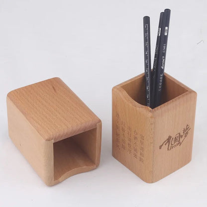 Wood Pencil Holder Desk Organiser Square Round Hexagon Pen Pot Cup