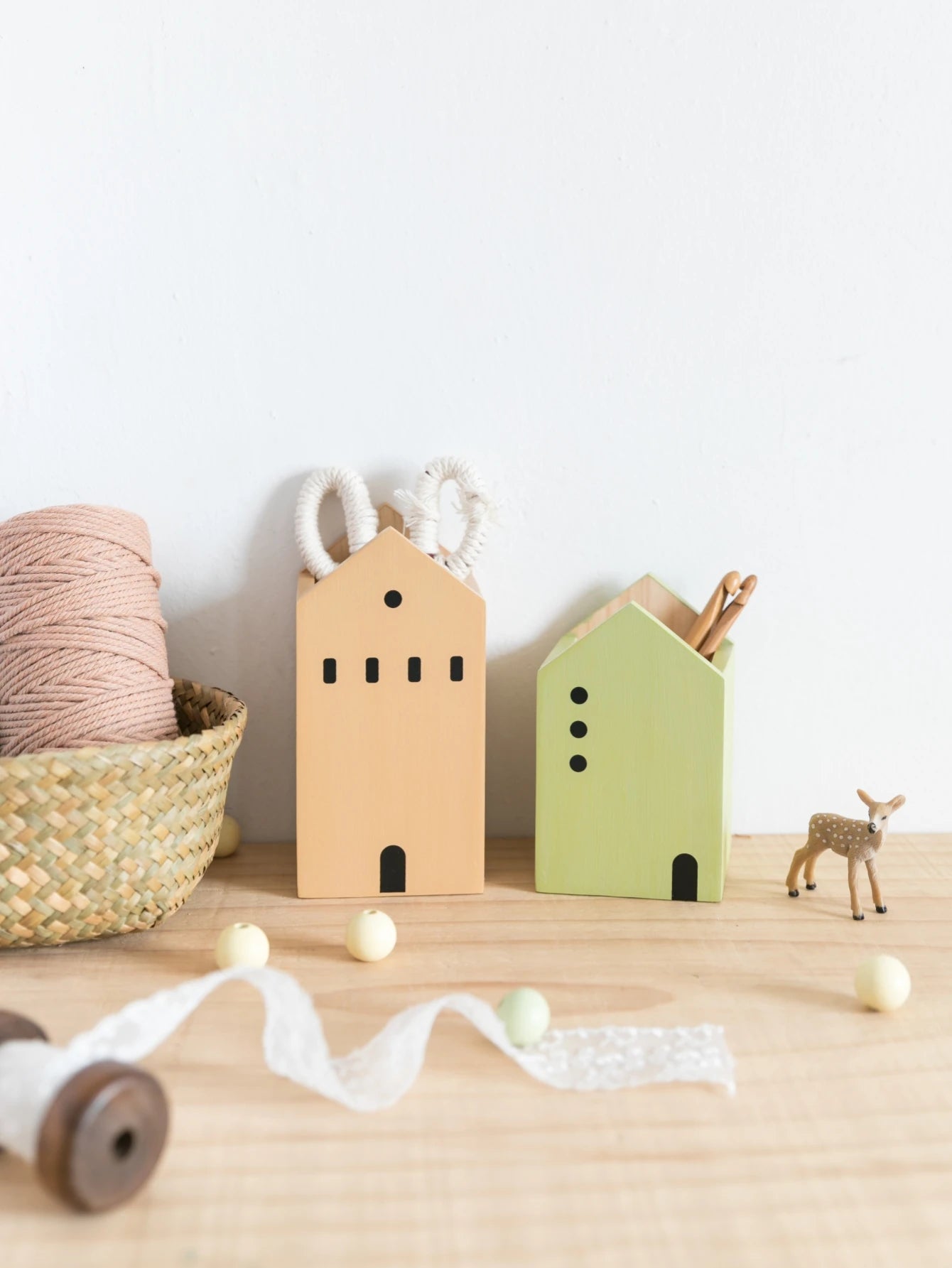 Cartoon House Wooden Pen Holder Desktop Storage Organiser Container