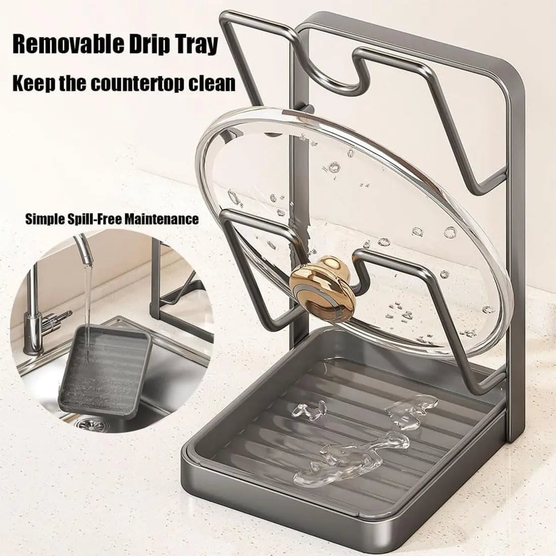 Kitchen Lid Storage Rack with Tray - Pot Lid Holder & Spoon Rest