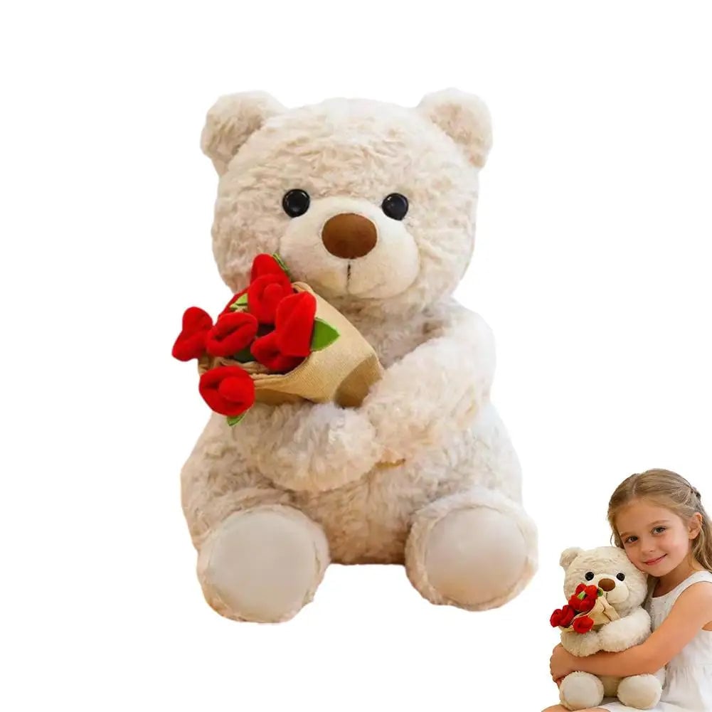 Plush Teddy Bear with Roses Stuffed Soft Toy Romantic Decor Gift