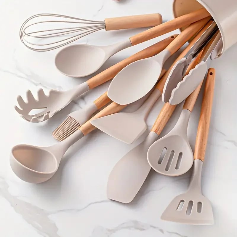 12-Piece Silicone Kitchen Utensils Set with Wooden Handles
