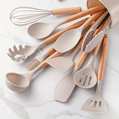 12-Piece Silicone Kitchen Utensils Set with Wooden Handles