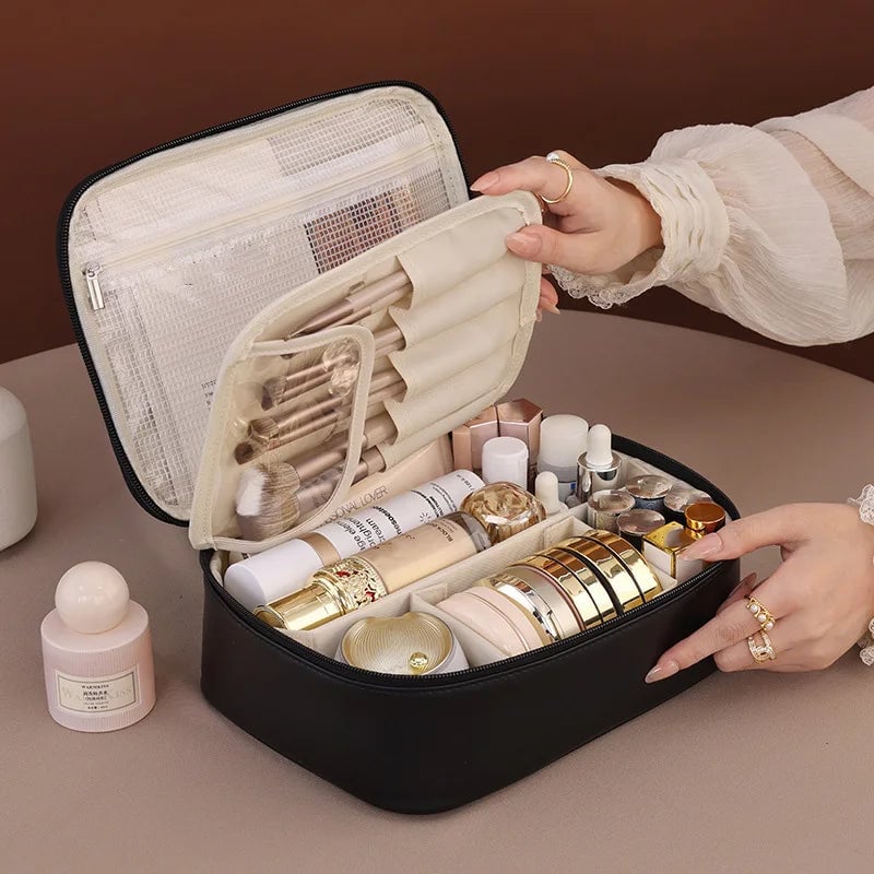 Large PU Leather Tote Makeup Bag - Travel Cosmetic Storage Organizer