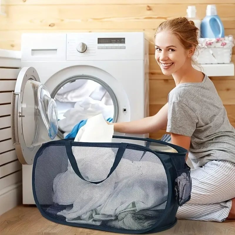 Breathable Mesh Folding Laundry Basket with Handles - Portable