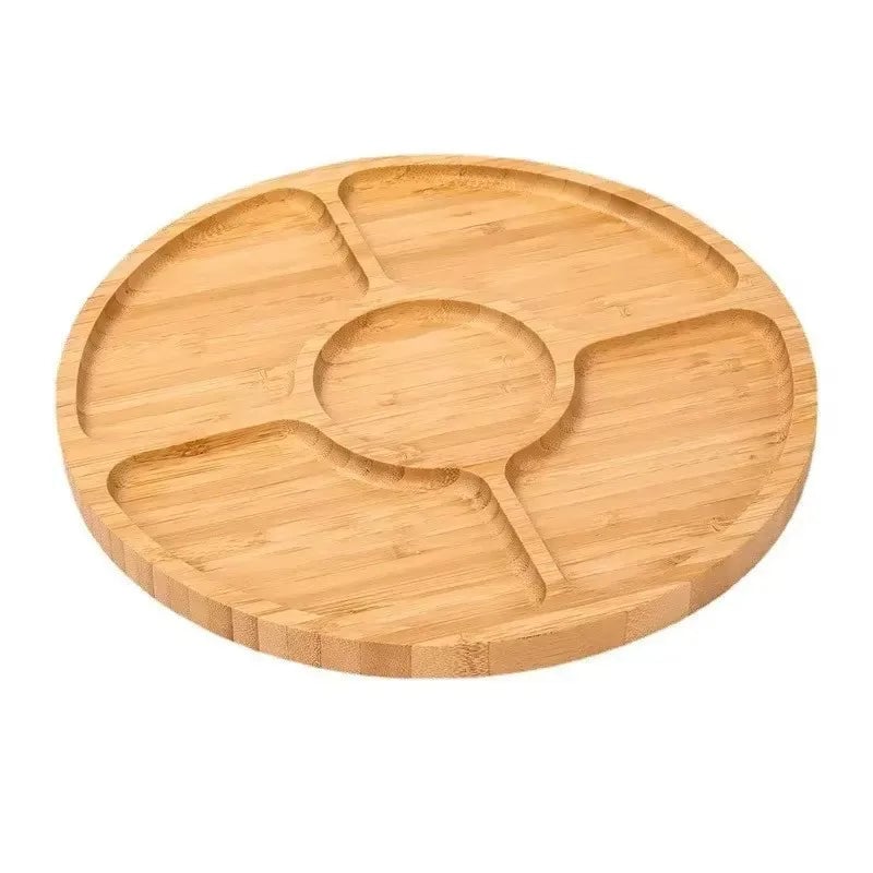 Bamboo Round Fruit Tray 5 Compartment Wooden Plate with Dividers