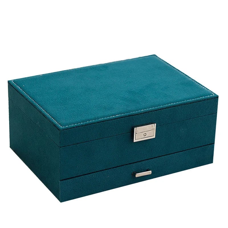 Green Velvet Jewelry Box Double Lock Large Capacity Vintage Style