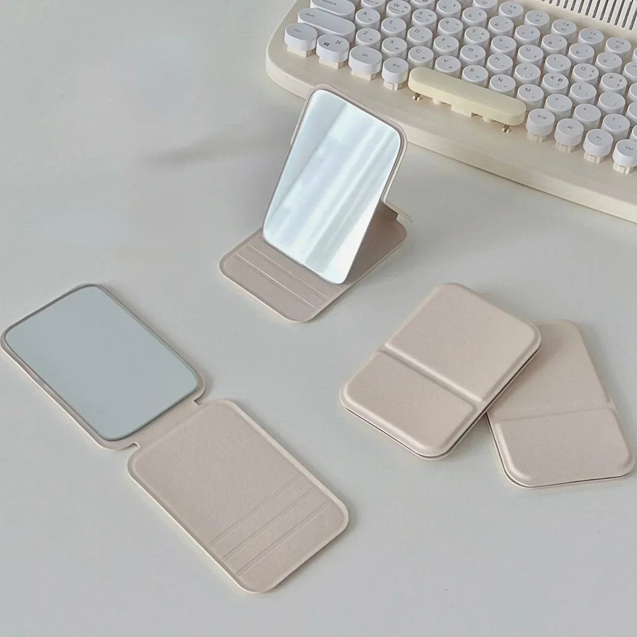 Foldable PU Leather Desktop Makeup Mirror - Portable Compact Design