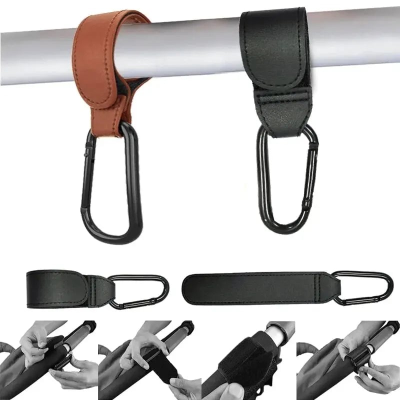 2Pcs PU Leather Stroller Hooks Adjustable Pram Organizer Diaper Bag