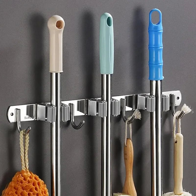 Stainless Steel Wall-Mounted Mop Rack - Hole-Free Storage Clip