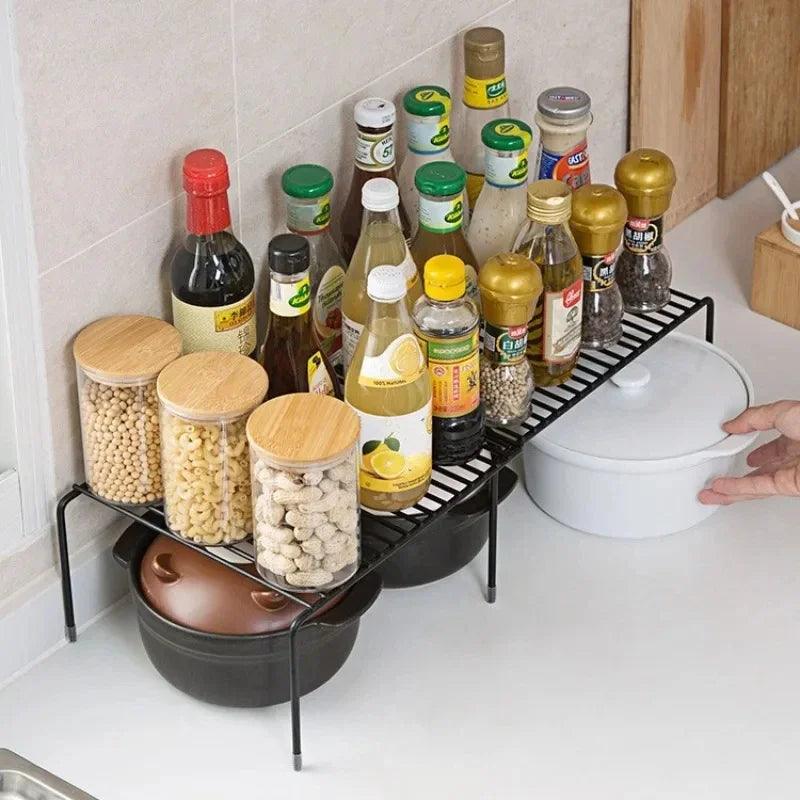 Retractable Iron Seasoning Rack Cabinet Organizer w/ Basket & Spoon