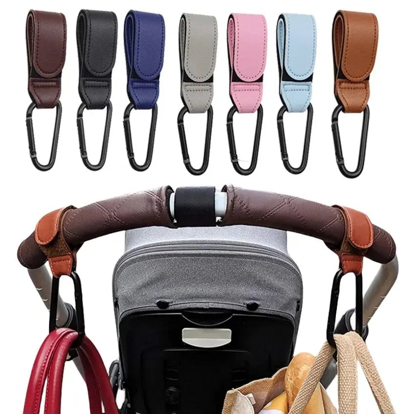 2Pcs PU Leather Stroller Hooks Adjustable Pram Organizer Diaper Bag