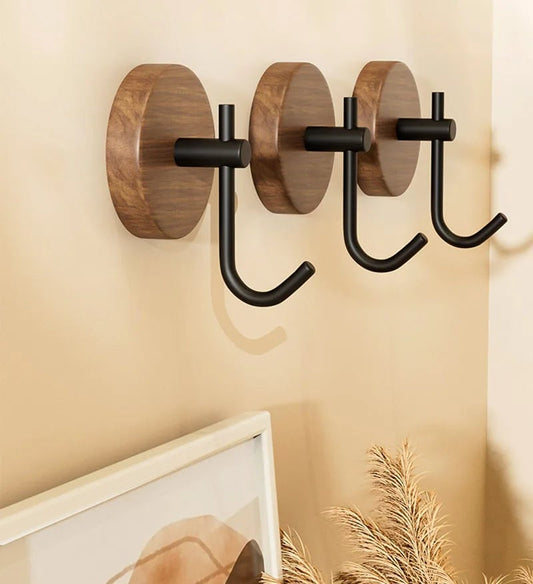 Self-Adhesive Natural Wood Wall Hooks - Modern Coat Hat Key Hanger