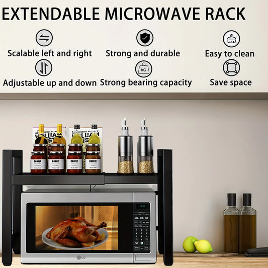 Expandable Microwave Shelf 40-64cm with 6 Hooks Kitchen Storage Rack