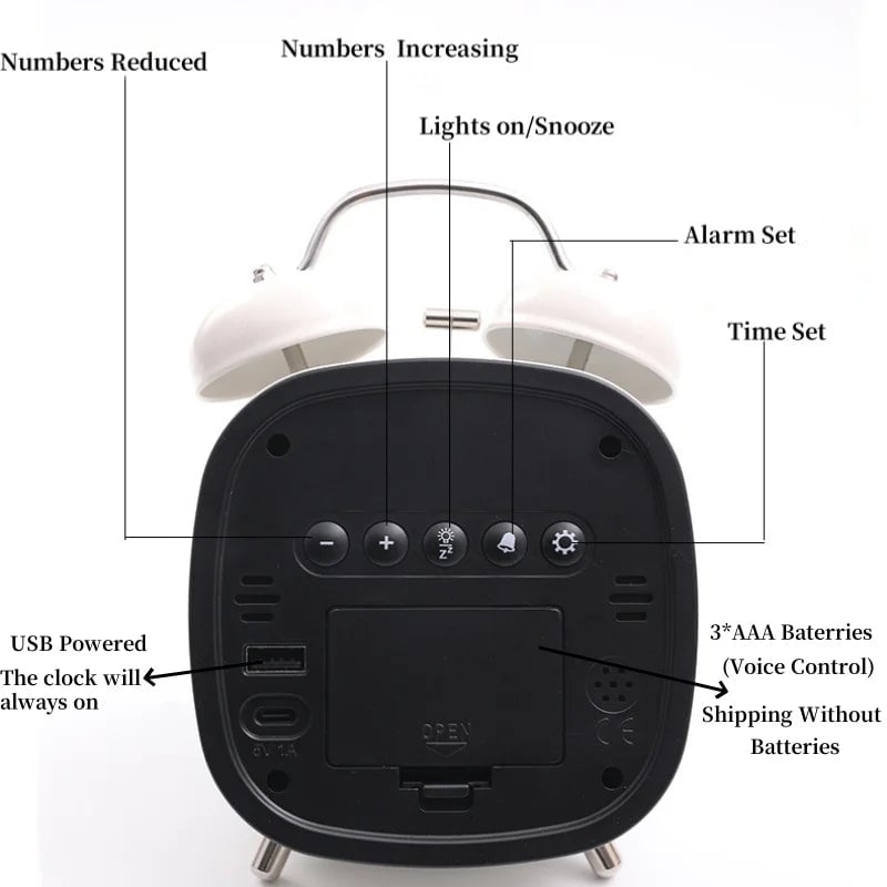 Voice Control Digital Alarm Clock Super Loud Double Bell Heavy Sleeper