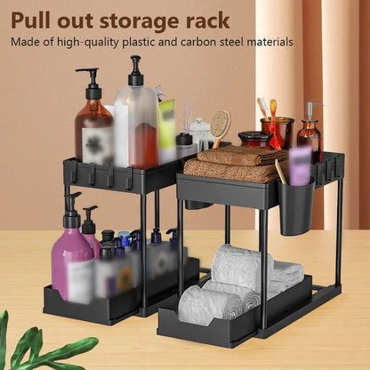 2-Tier Pull Out Cabinet Organizer with Hooks - Kitchen Bathroom