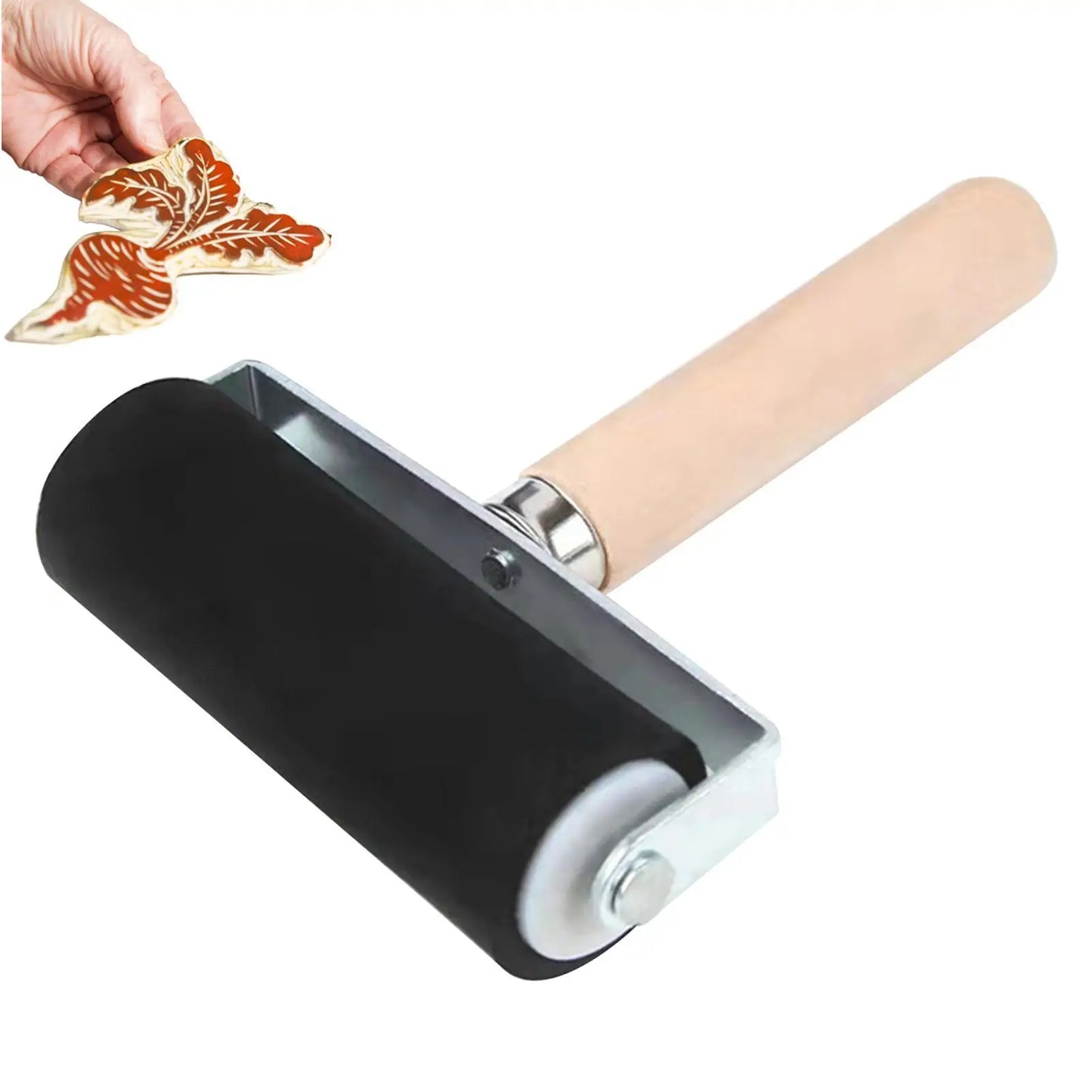 Rubber Roller Craft Tool - Wooden Handle Paint Roller for Printing