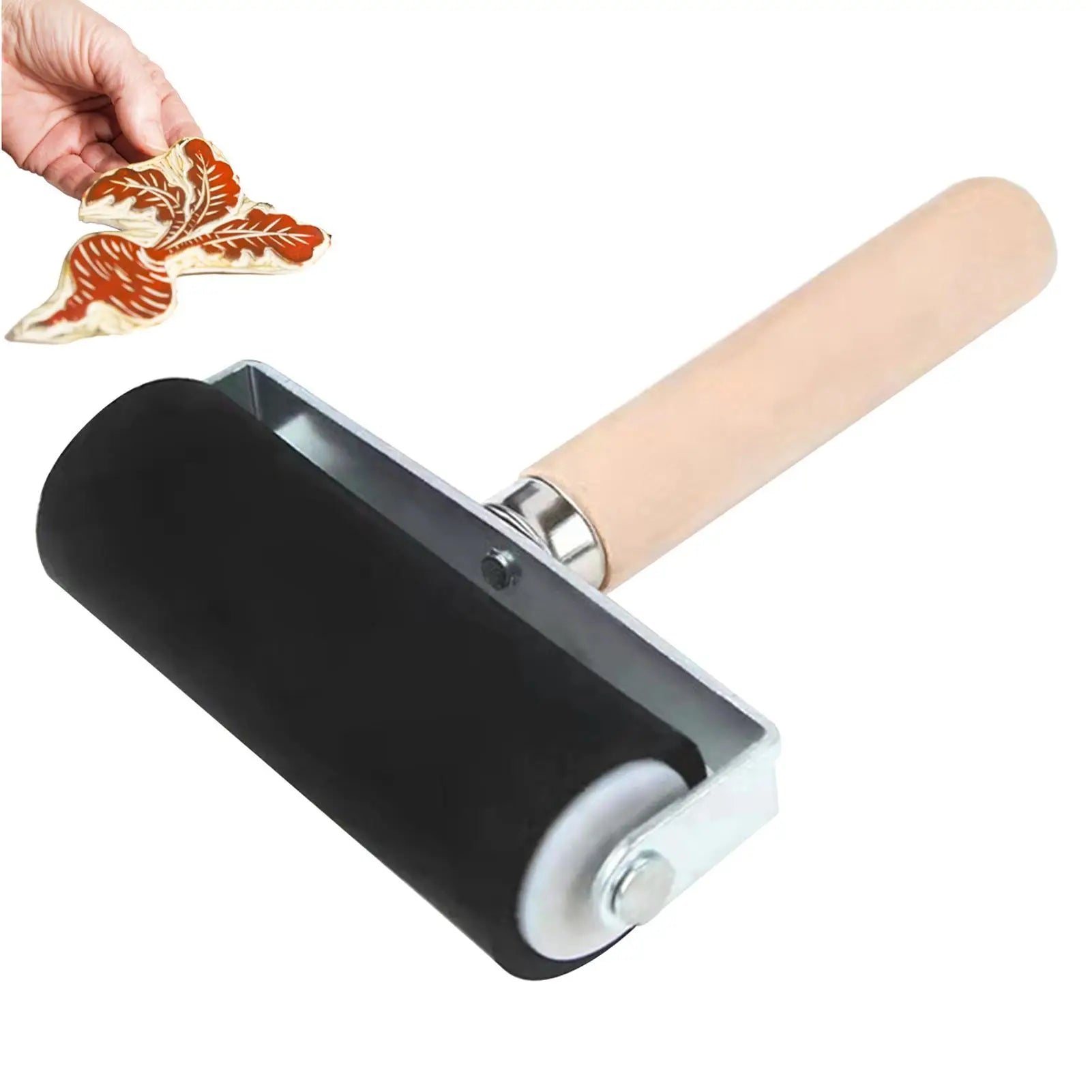 Rubber Roller Craft Tool - Wooden Handle Paint Roller for Printing