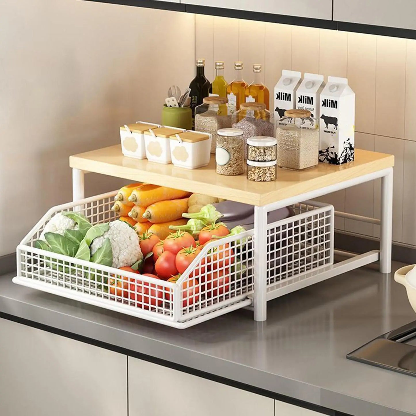 Multi-Tier Kitchen Storage Rack with Drawer - Vegetable Organizer