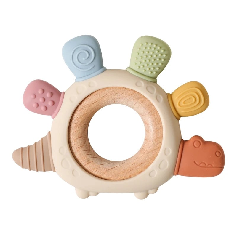 BPA Free Silicone Baby Teether 0-6 Months Wooden Ring Crab Toy