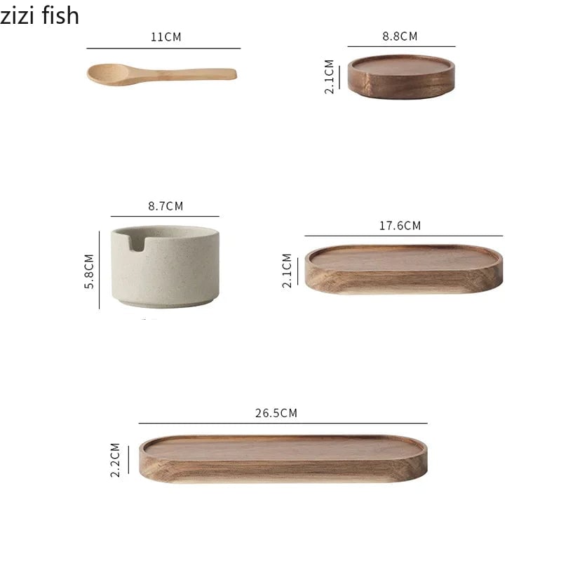 Round Ceramic Spice Jar with Wooden Lid - Salt Pepper Storage