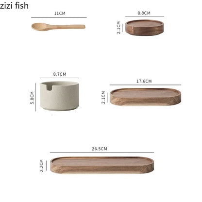 Round Ceramic Spice Jar with Wooden Lid - Salt Pepper Storage